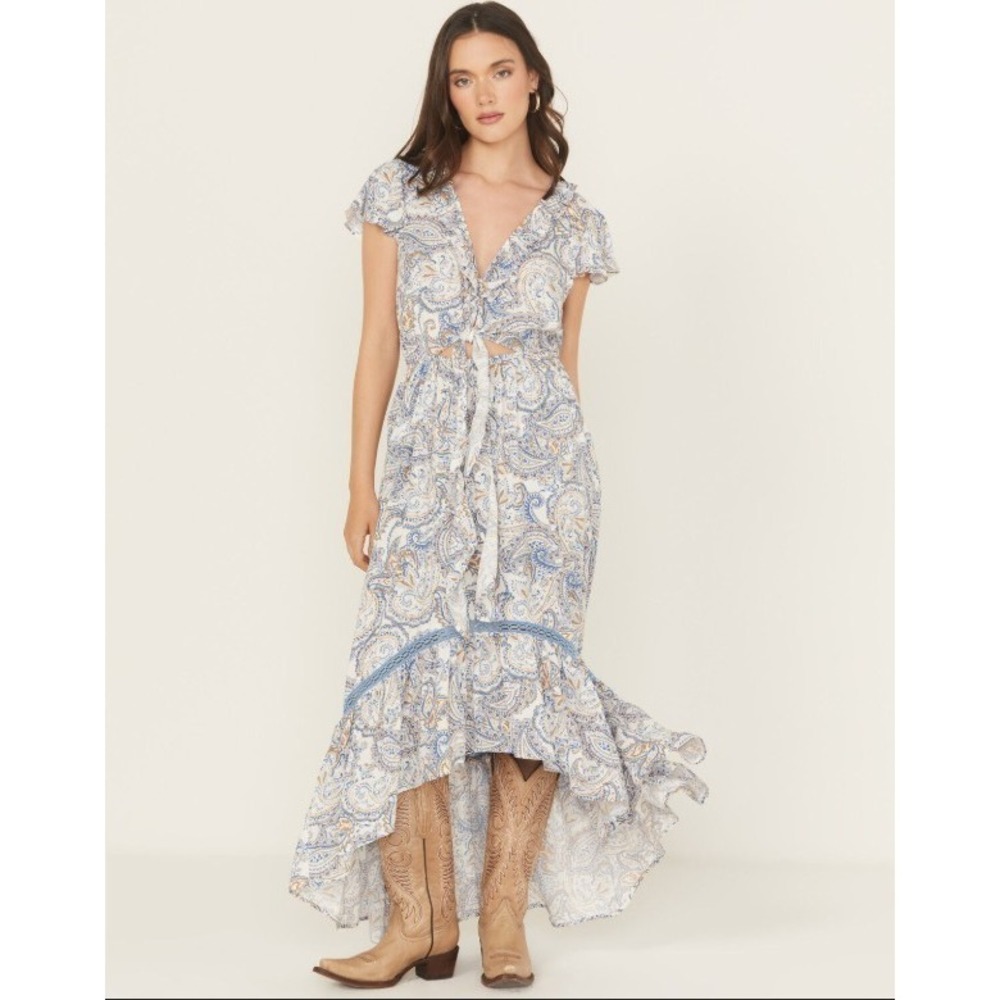 Women's Beyond The Radar Blue Paisley Cap Sleeve Hi-Low Ruffle Boho Maxi Dress L - Picture 3 of 16